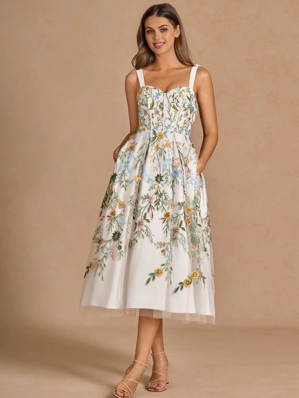 Azazie White Floral Embroidered Midi Dress